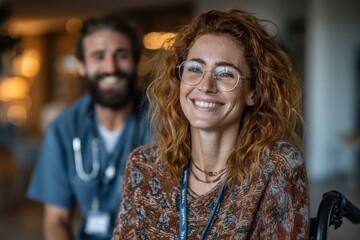 A happy healthcare worker and a patient share a joyful moment in a well-lit hospital, showcasing a supportive atmosphere and care