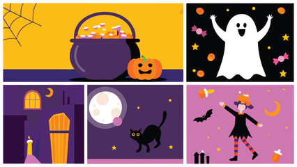 A collection of halloween themed illustrations featuring a cauldron, ghost, cat, and a girl in costume