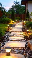 Illuminated Stone Pathway through Green Garden at Dusk with Soft Lighting