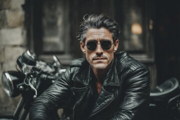 Obraz premium A stylish man with sunglasses shows a confident demeanor while seated next to a classic motorcycle in an urban environment