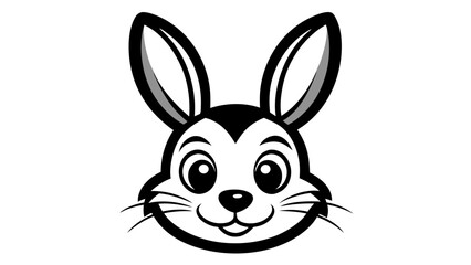 Illustration of a cartoon rabbit head with long ears and big eyes in black and white style design