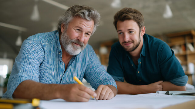 Collaborative Architecture Planning Session with Blueprints and Tools