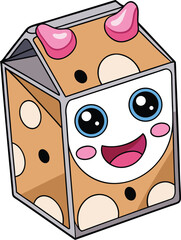 Milk Carton with Cow Spots and Blushing Cheeks in Kawaii Style on White Background