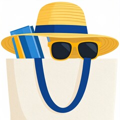 Illustrated Beach Bag with Straw Hat Sunglasses and Striped Beach Towel for Summer Leisure Activities