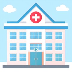 Illustrated Hospital Building Exterior with Blue Sky and White Clouds