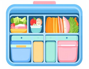 Illustrated View Of Packed Lunchbox With Variety Of Food Items in Blue And Pink Compartments