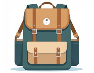 Illustration of a Blue and Brown Backpack with Side Pockets and Buckle Straps on White Background