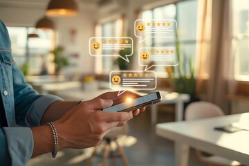 Person reading positive online reviews on smartphone, five-star ratings, happy emoji, warm lighting, modern office background.