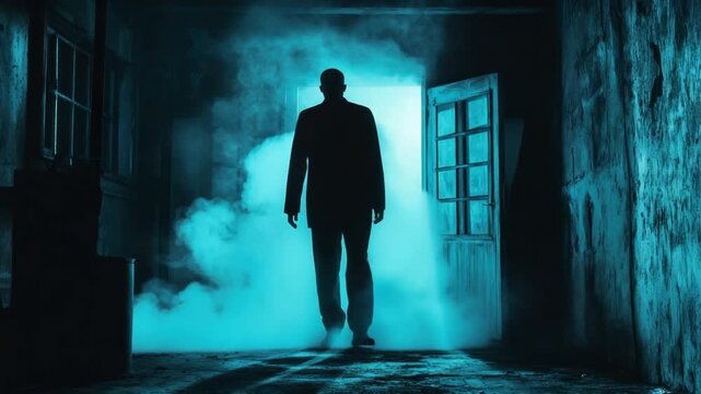 Mysterious Figure Walks Through Eerie Blue Haze in Abandoned Building