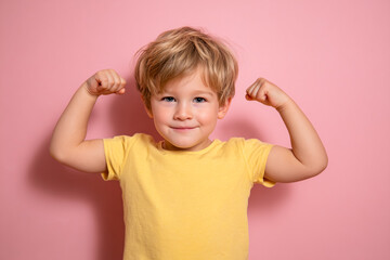 Smiling boy shows biceps against pink backdrop. Concept for kids fitness, strength, health. Use for advertising, web.