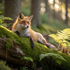 Majestic red fox rests on moss covered log in sun dappled forest