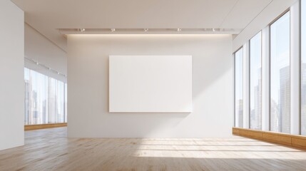 Fototapeta premium Bright modern gallery with large windows and blank white wall for display.