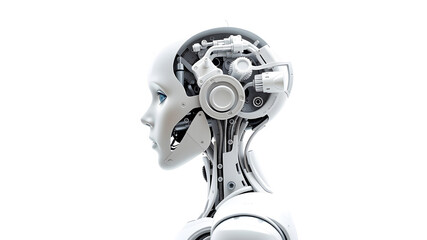 white robot with human feature and open back skull filled with white mechanical components. Side View White Background monochromatic. Generative AI