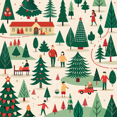 Whimsical christmas scene featuring festive trees people and a charming winter landscape holiday theme pattern (seasonal best seller)
