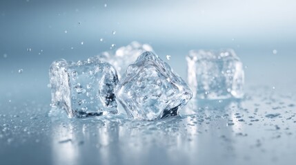 Close-up of melting ice cubes on wet reflective surface with water droplets detailed.