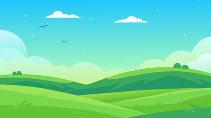 Endless Green Plain with Blue Sky Vector