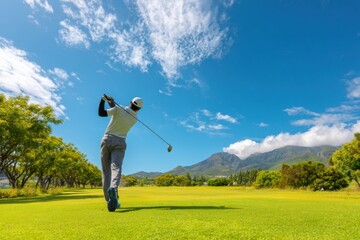 Wide shot of a golfer swinging club on lush green course with mountains and blue sky.
