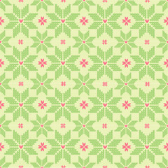 knitted folk art, combining lime green star-like motifs and small pink heart accents on a soft yellow background