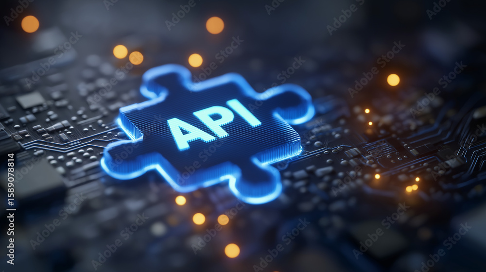 Poster neon circuit board with glowing api puzzle piece and digital elements