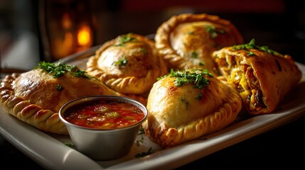 Golden Baked Bolivian Salteñas with Fresh Herbs and Sauce perfect for Latin American food blogs, restaurant menus, cultural cuisine features and traditional cooking tutorials