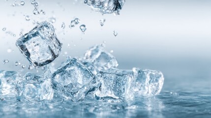Obraz premium Clear ice cubes falling into water with splash and ripples in close-up shot.