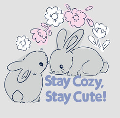 Hand Drawn Cute Bunny isolated on white background. Print design rabbit. Children Print on t-shirt. Vector