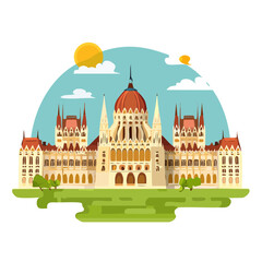 Cartoon Illustration of the Hungarian Parliament Building in Budapest