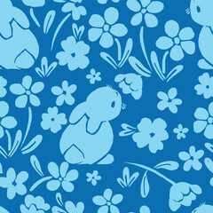 Cute Bunny and Floral Seamless Pattern, Hand Drawn Vector Illustration
