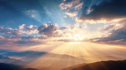 Stunning sunrise over mountains with vibrant clouds and golden sunlight beams.