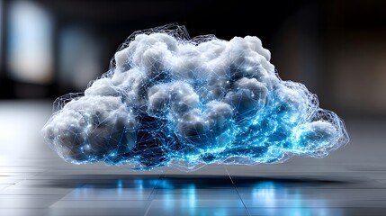 Digital Cloud with Illuminated Blue Network Connections