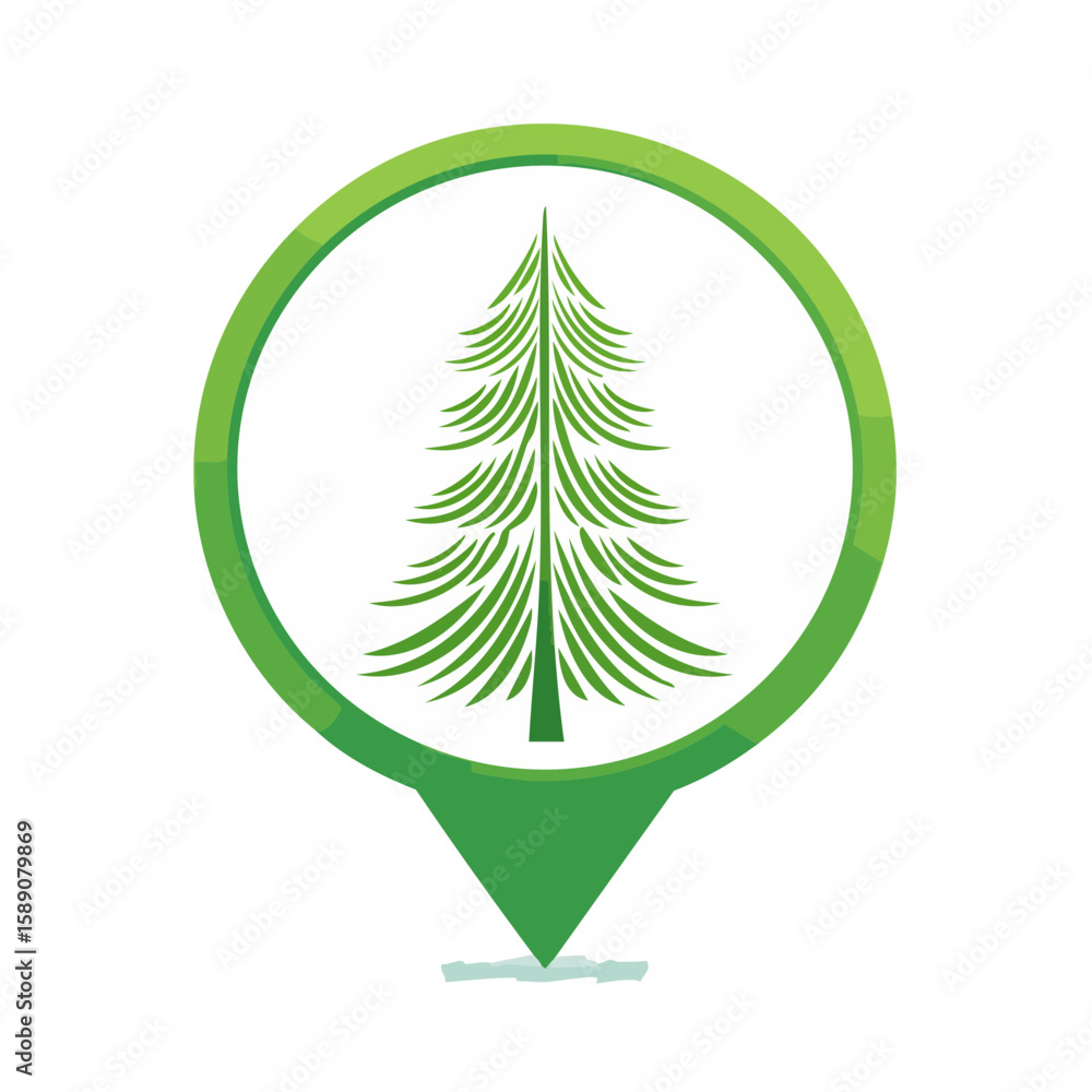 Poster evergreen tree icon on map pin simple forest marker with fir tree symbol nature tourism guide or hol