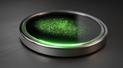 Sleek modern smart device with green fingerprint scanner illuminated round design.