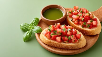 Fresh Bruschetta with Tomato and Basil on Wooden Plate Served with Olive Oil in a Bright and Stylish Setting