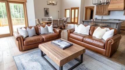 Rustic farmhouse living room with leather seating, warm lighting, and natural decor, perfect for gatherings and relaxation