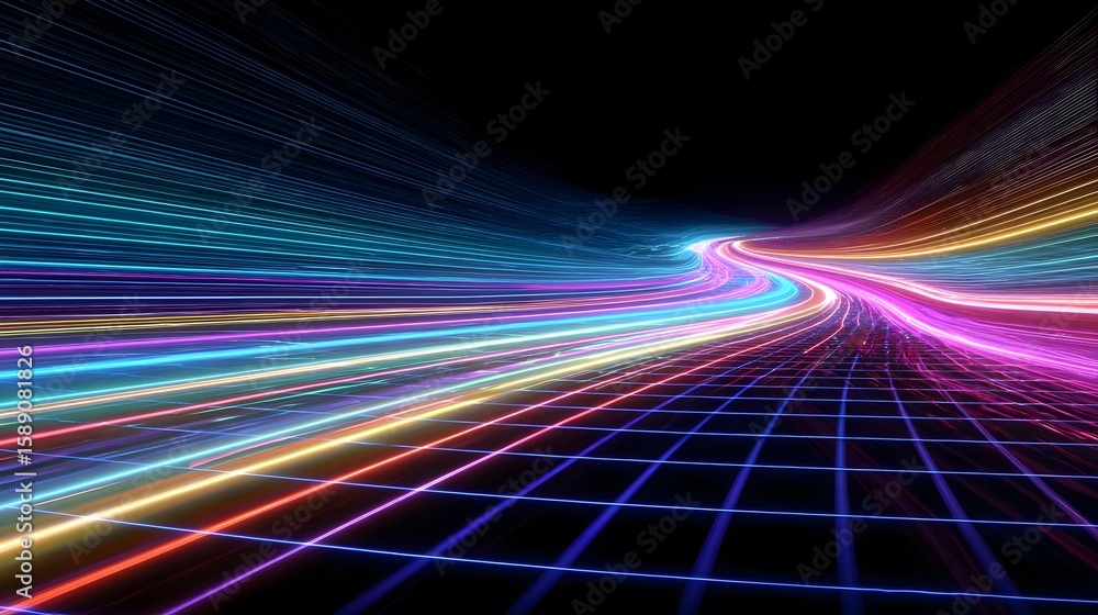 Poster vibrant neon lines converging in a futuristic grid pattern
