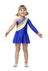 Cute little girl dancing on white background