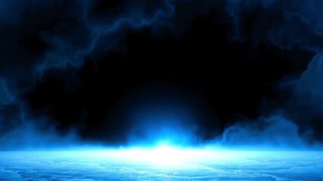 Ethereal Horizon Glow. Abstract Blue and Black Clouds Over a Misty Textured Landscape.mp4