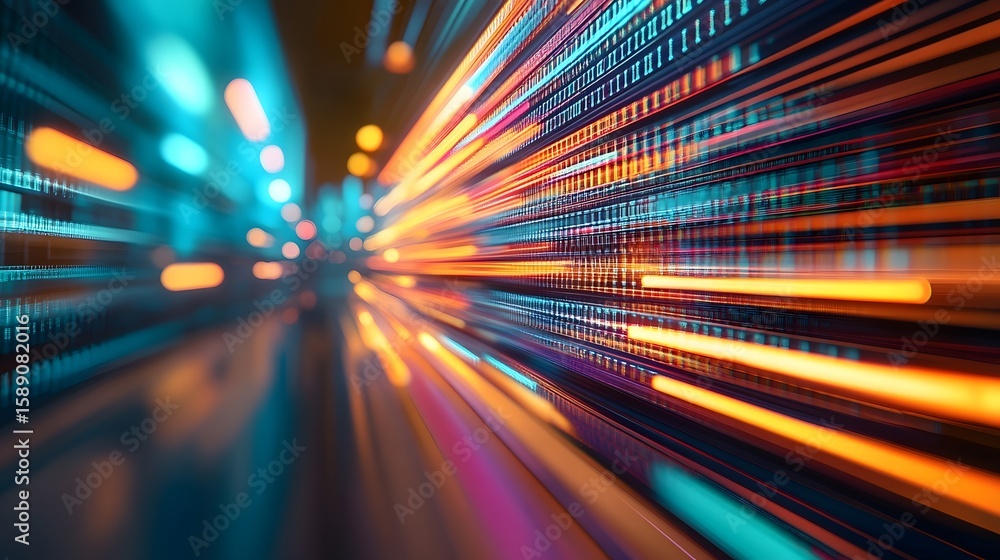 Poster dynamic light trails and digital code in a futuristic setting