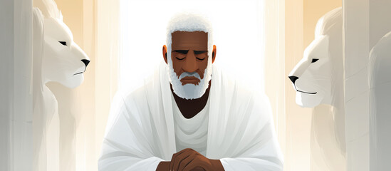 A modern illustration of the biblical story of Daniel in the lions' den. A serene scene of unwavering faith, divine protection, and peace, as Daniel sits calmly meditating among the lions.