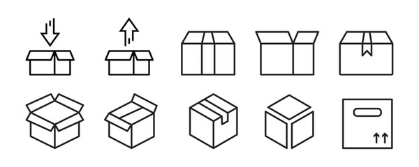 Package, delivery boxes, cargo box. Box line icons. Cargo distribution, export boxes, return parcel icons. Shipment of goods, purchase container, open package. Logistics goods. Vector