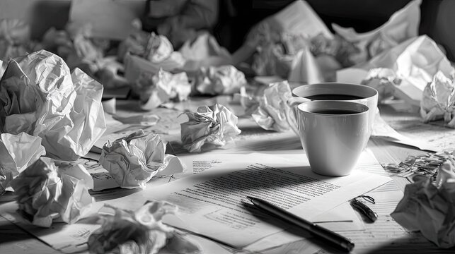 Messy desk with crumpled papers and coffee cups
