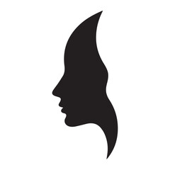 Abstract woman profile logo, elegant black silhouette with flowing curves and shadow, modern graphic design for beauty and fashion.