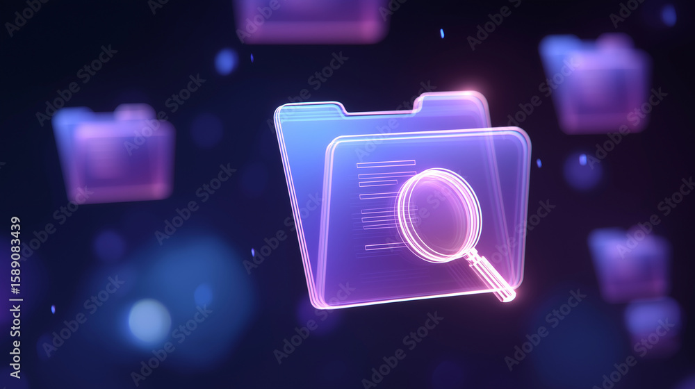 Poster translucent folder icon with document and magnifying glass overlay
