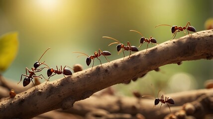 Ant colony working together carrying food along tree branch with shallow depth of field and warm natural lighting for teamwork-themed wallpaper