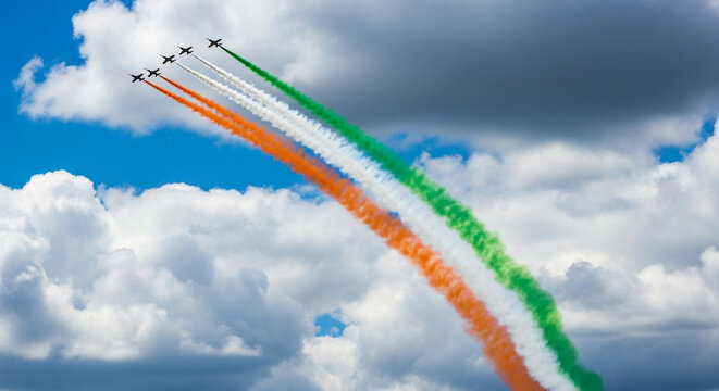 Aerobatic Jets Trail Indian Flag Colors in Sky Independence Day