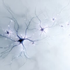 Neural network cells interconnected with glowing synapses on a soft blue background, representing brain activity and communication.