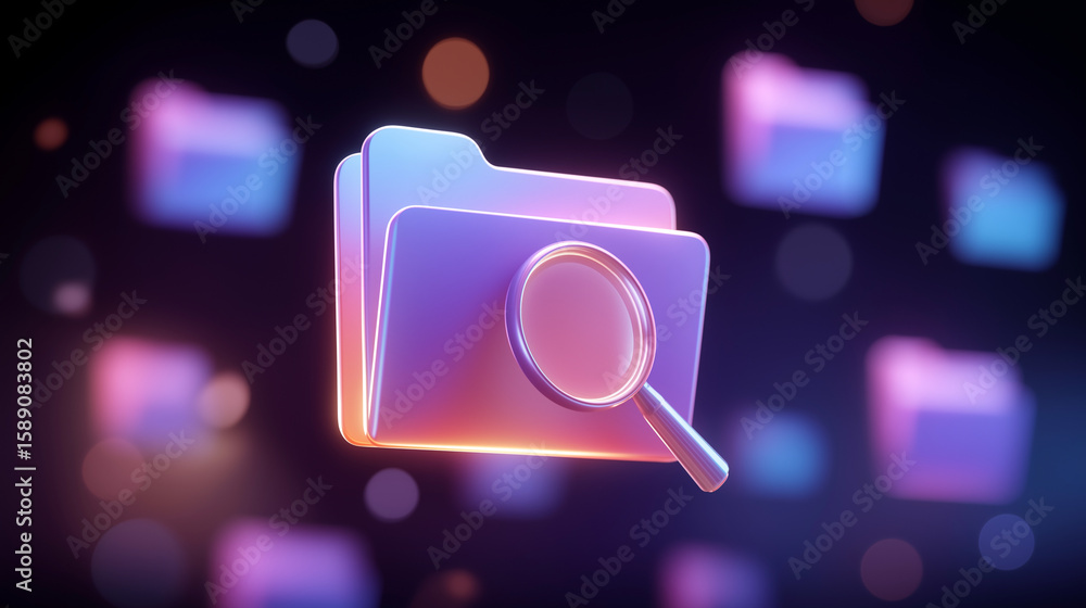 Poster translucent folder icon with document and magnifying glass overlay