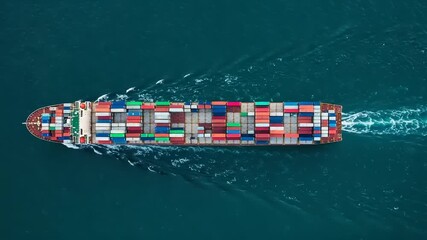 Cargo ship filled with colorful containers travels across the ocean leaving a foamy wake transportation maritime journey aerial view