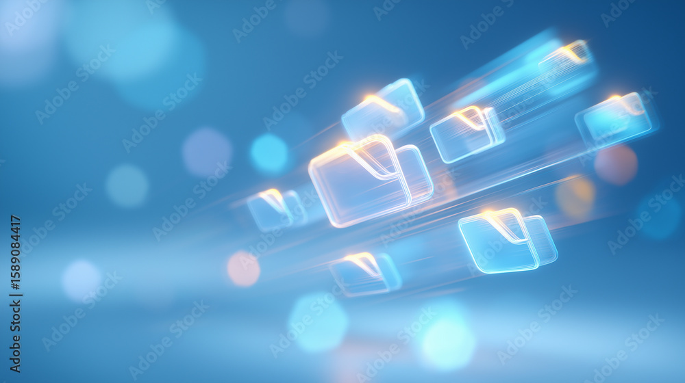 Poster holographic workflow diagram with file, folder, and database icons
