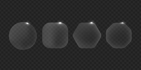 Liqiud glass panel different shapes. Transparent glass icon. Glass frames transparent. Ui and Ux glossy design.